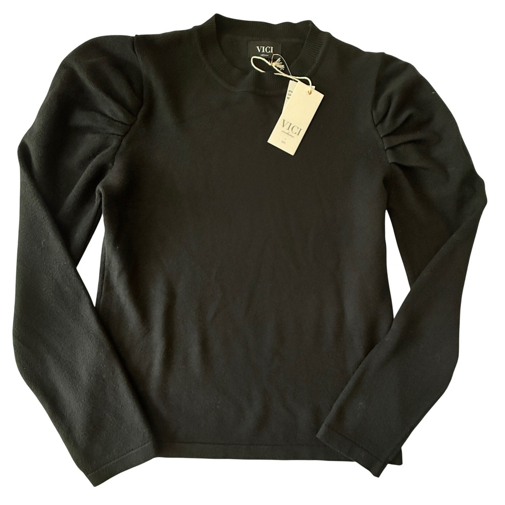 NWT VICI Puff Sleeve Sweater Women Black Pleated Shoulder Size M Minimalist Chic